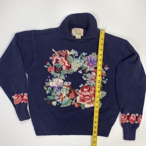 Vintage Ninon de Lenclos Blue Knit Needlework Floral Granny Sweater Large - Picture 2 of 7